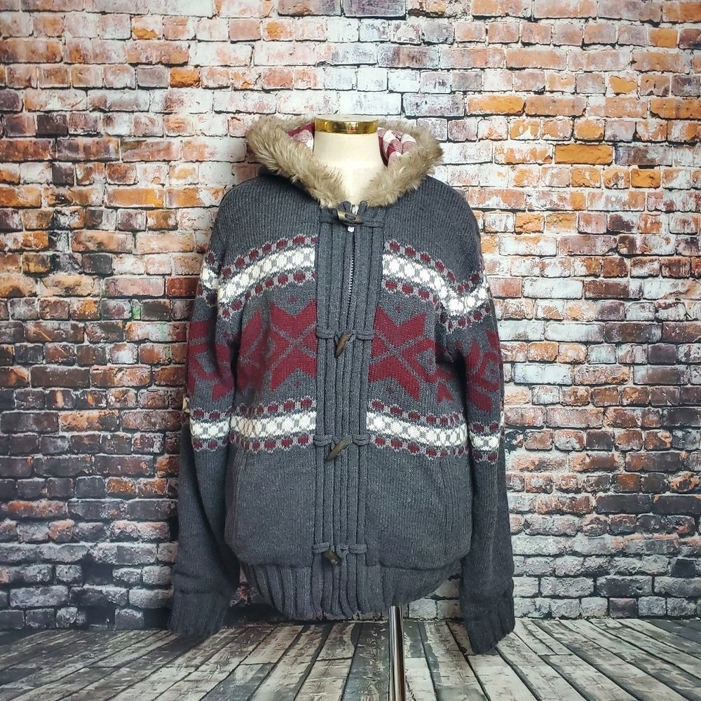 Jeans by Buffalo Hooded Toggle Button Fair Isle Sweater Jacket